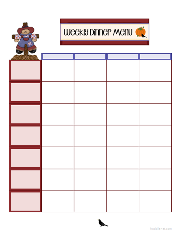 Printable Menus One Week Menu Scarecrow Themed #PrintableMenu #Printable | Huddlenet.com